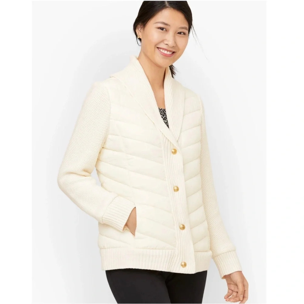 NWOT Talbots Sweater Sleeve Puffer Jacket Ivory Sz M